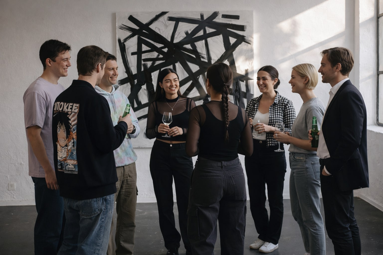 Group of people socializing at an art gallery, holding drinks and standing in front of a large black abstract painting.