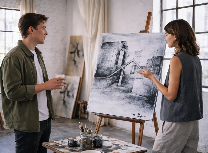 Two people discussing a monochrome painting inside an art studio.